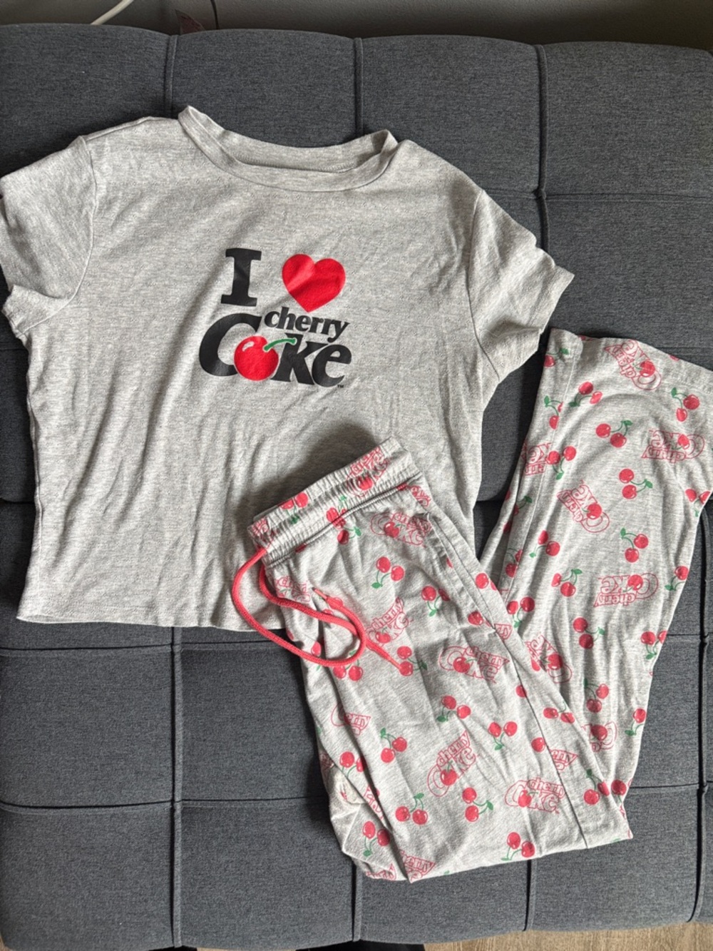 Coca Cola Grey Kids Pajama Set with Cherry Print and Pink Drawstring